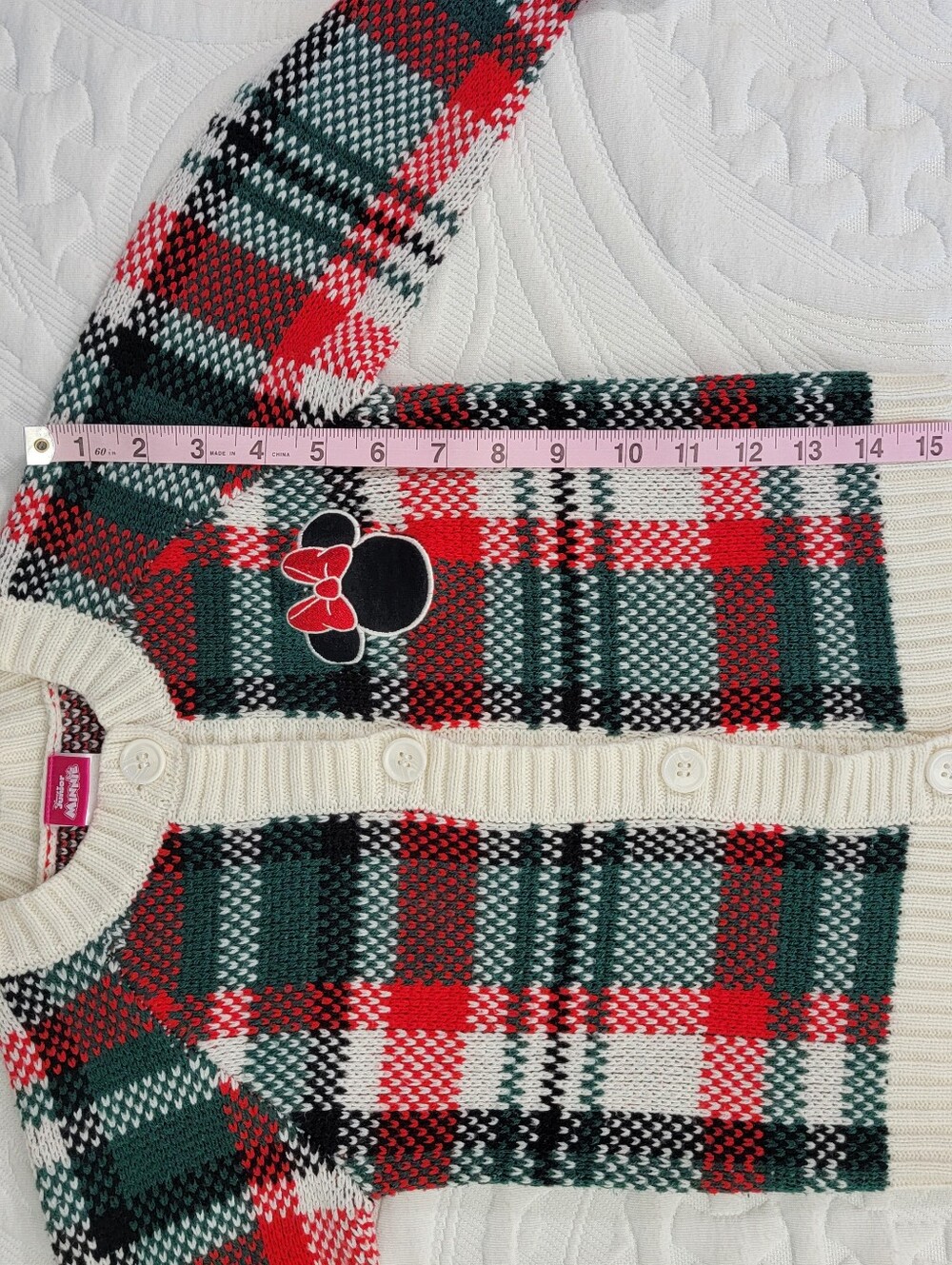 Disney Minnie Mouse Holiday Sweater 4T | Red Green Plaid Knit Christmas Cardigan - Picture 9 of 9